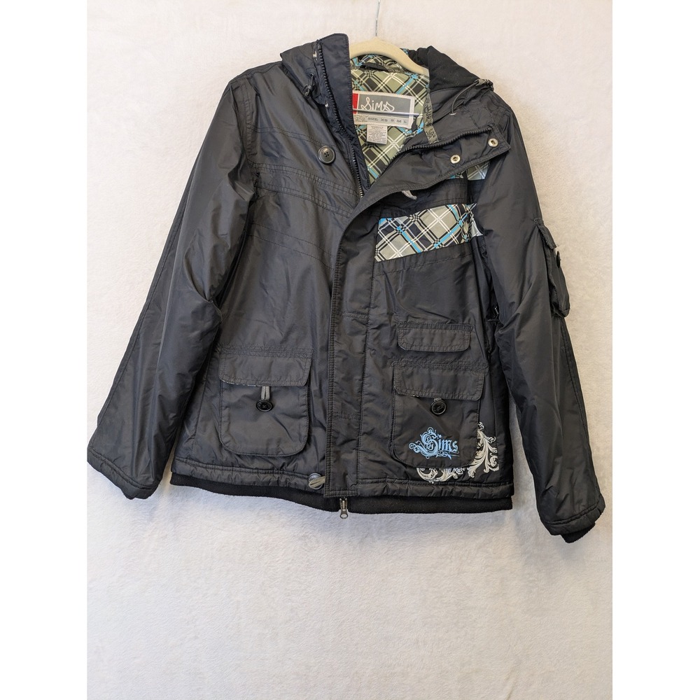 Sims Women's Size M Black Hooded Snowboard Jacket‎ Y2K Plaid Lined Gorpcore